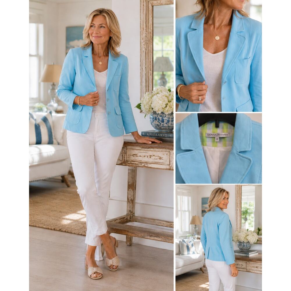 Light Blue Tailored Cotton-Blend Blazer Donna Degnan SZ 10